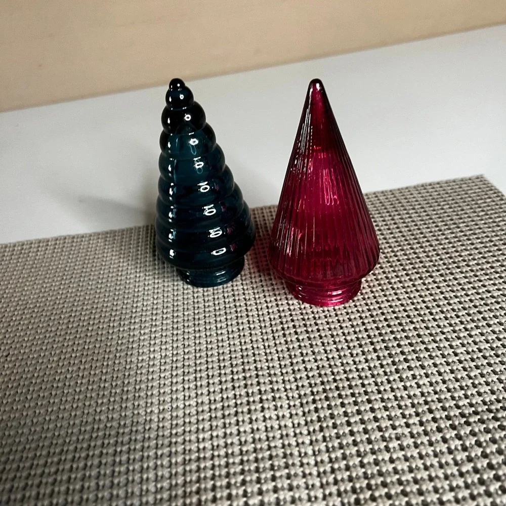 Vintage Glass Christmas Tree‎ Finials Teal and Magenta Ribbed Tiered Decor 4.5